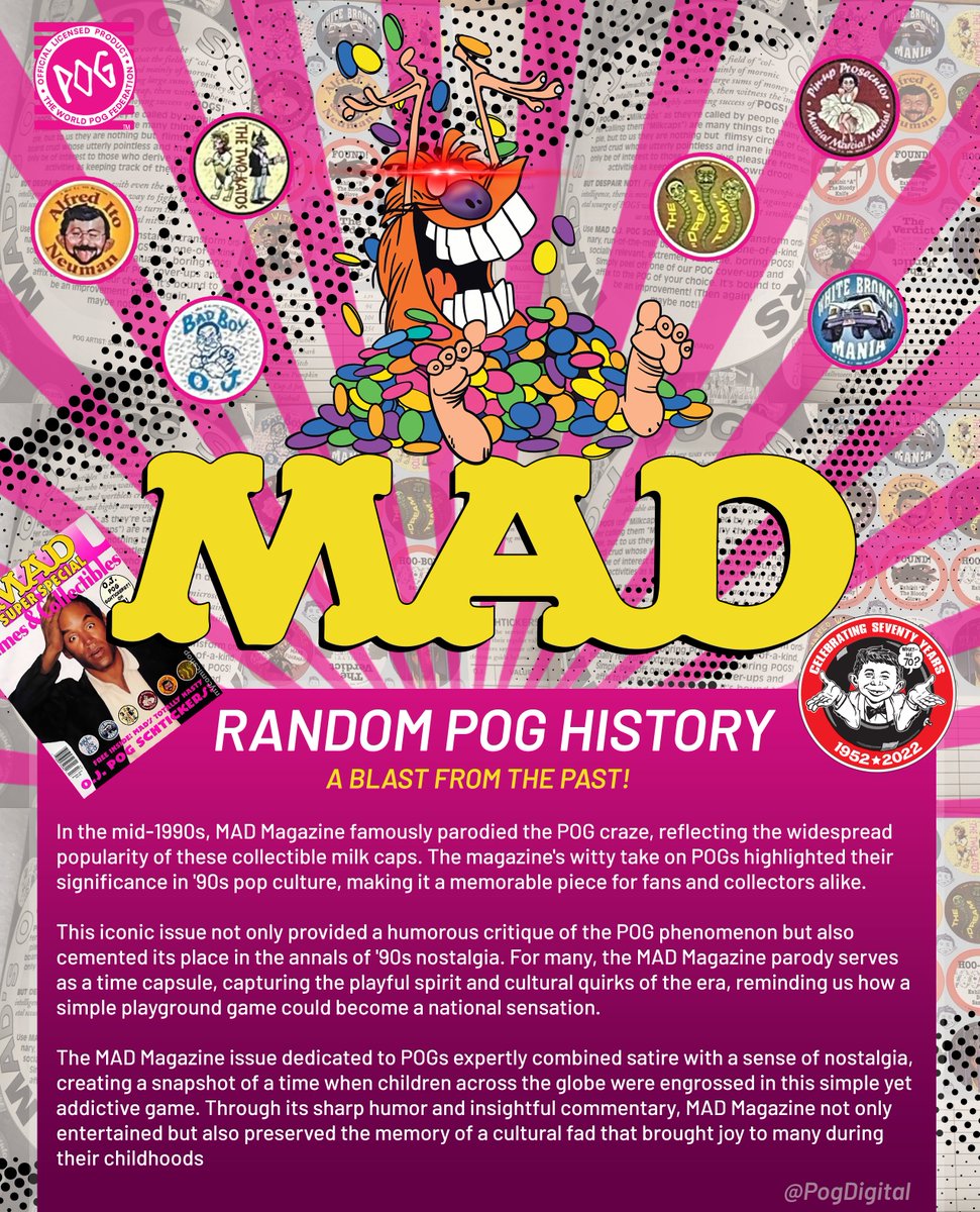 🚀Random POG History!🌟
Did you know #MADMagazine featured POGs in the '90s? 

This iconic issue parodied the POG craze, showcasing the cultural impact of these collectible milk caps. 

A nostalgic trip back to simpler times when slammers ruled the playground! 🎯 

Did you get a