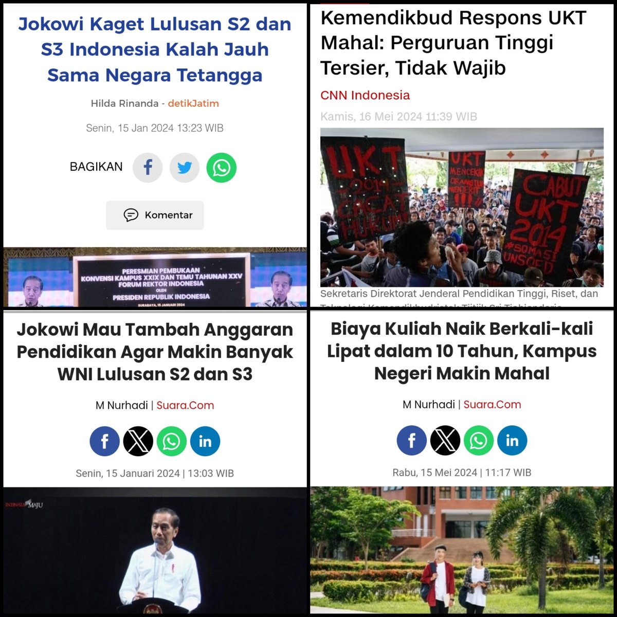 Sen kanan belok kiri, kelakuan rezim @jokowi. Ngeluh soal lulusan, tapi UKT dibikin mahal. Akan nambah anggaran pendidikan agar makin banyak lulusan S2 dan S3, tapi yg bertambah berkali-kali lipat malah biaya kuliah. Rezim beleng2 tetap dipuja sama penjilat beleng2.