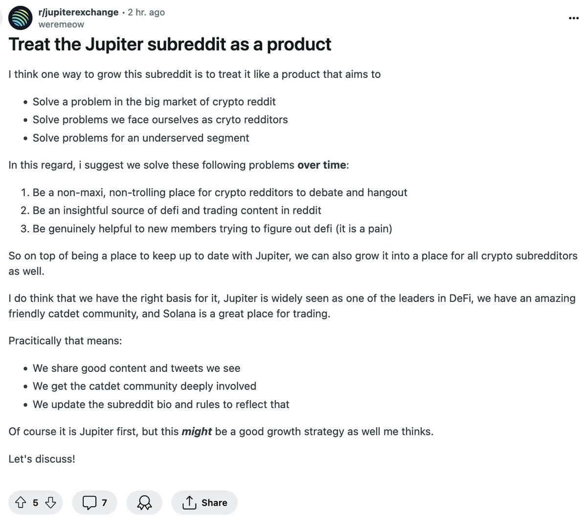 My suggestion for the baby Jupiter subreddit: Treat it like a product for the wider crypto reddit community and solve some longstanding problems for them! reddit.com/r/jupiterexcha…