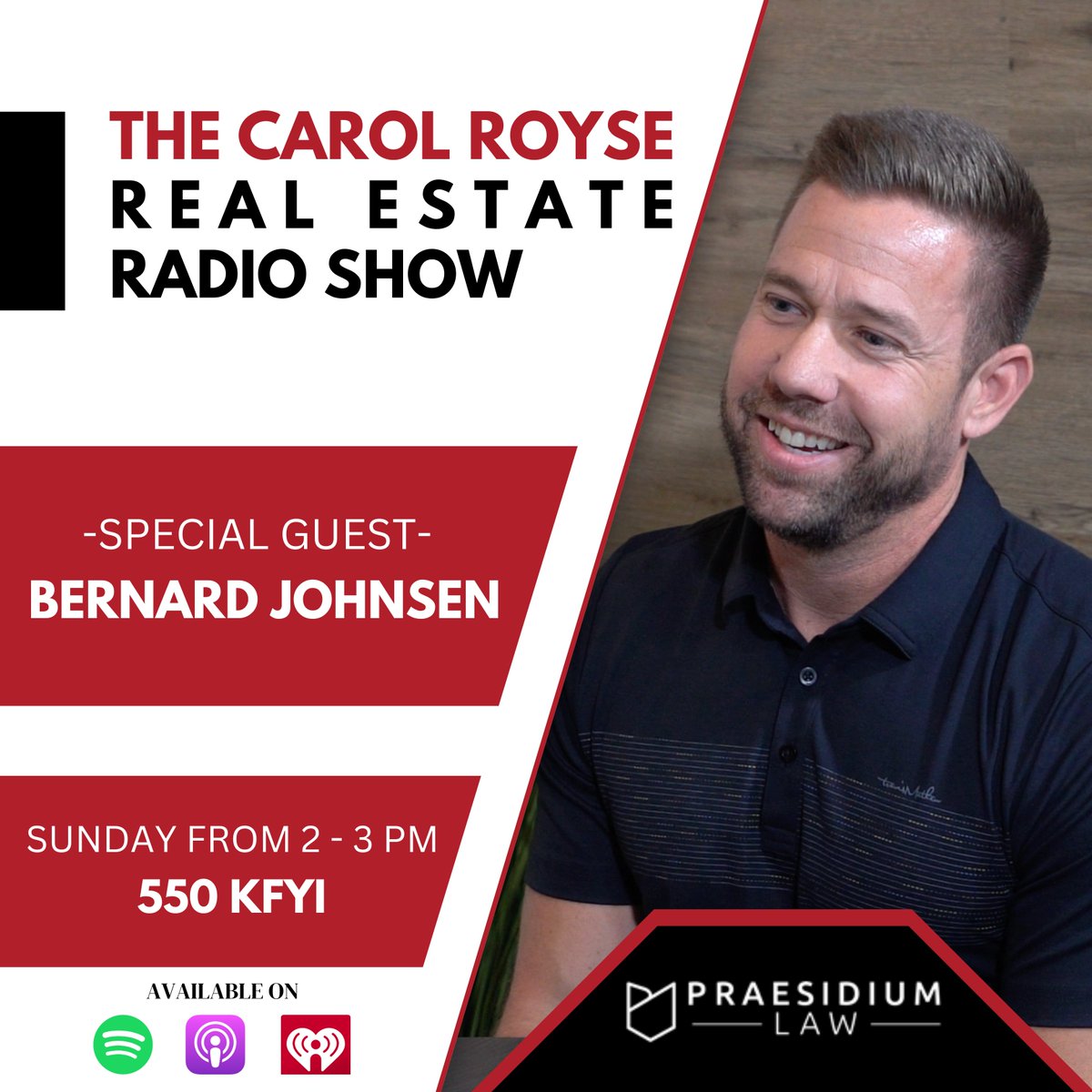Do you have questions about Probate, Trusts, & Estate Planning? Then don't miss Bernard Johnsen of Praesidium Lawon the Carol Royse Real Estate Radio Show this Sunday from 2PM - 3PM. #CarolRoyse #RadioShow #Podcast #PraesidiumLaw #Law #Probate #Trust #EstatePlanning #AZRealEstate
