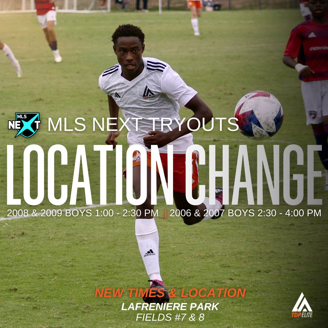 🚨MLS NEXT TRYOUT LOCATION & TIME CHANGES🚨
Tryouts have been moved to Lafrennier Park #7 & #8 due to weather

B2009 / B2008 - Check in at 12:30 pm for a 1:00 - 2:30 pm session

B2007/ B2006 - Check in at 2 pm for a 2:30 - 4:00 pm session.