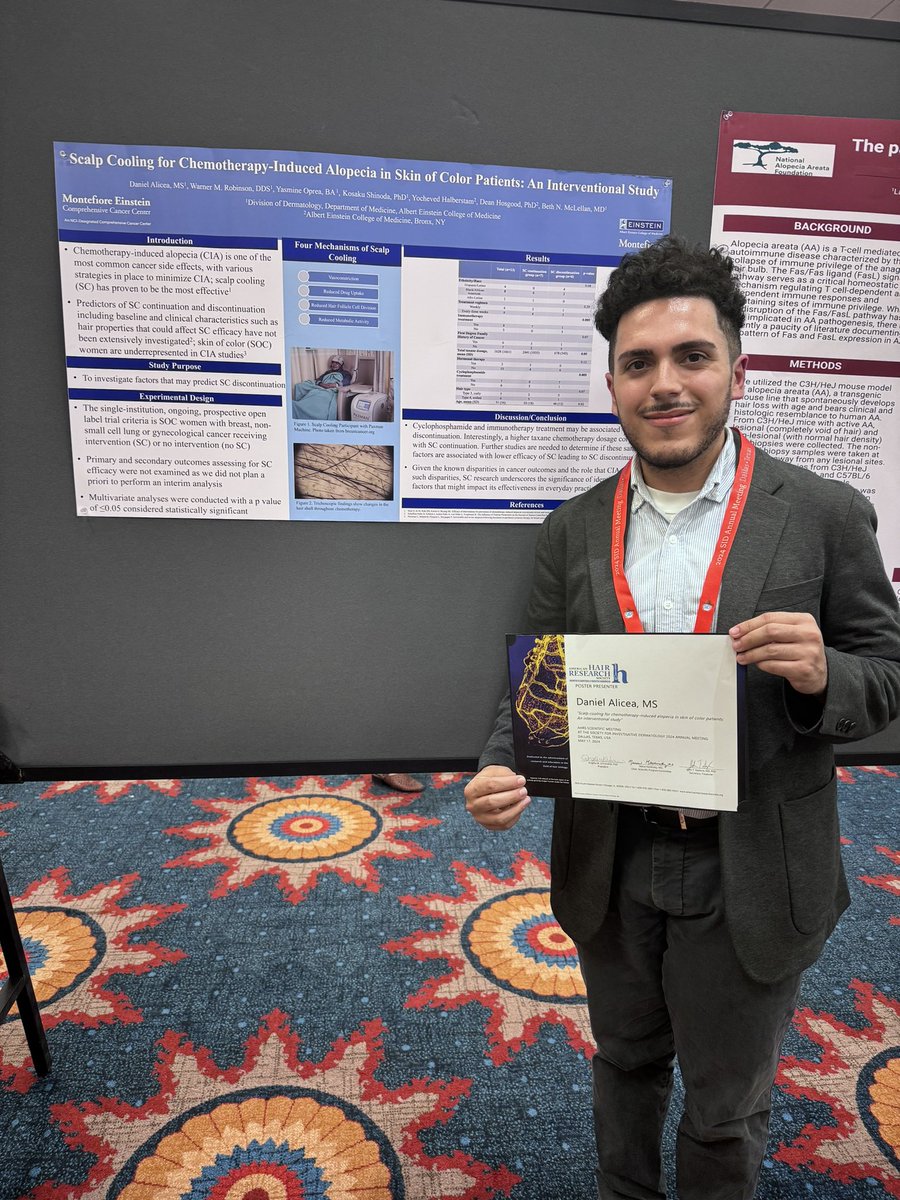 Had the opportunity to present a sub analysis on the investigation of predictors in scalp cooling continuation and discontinuation at the  @SocInvestDerm and @ahrsorg! A great wrap up for my research year as I start my 4th year in June #sid2024dallas