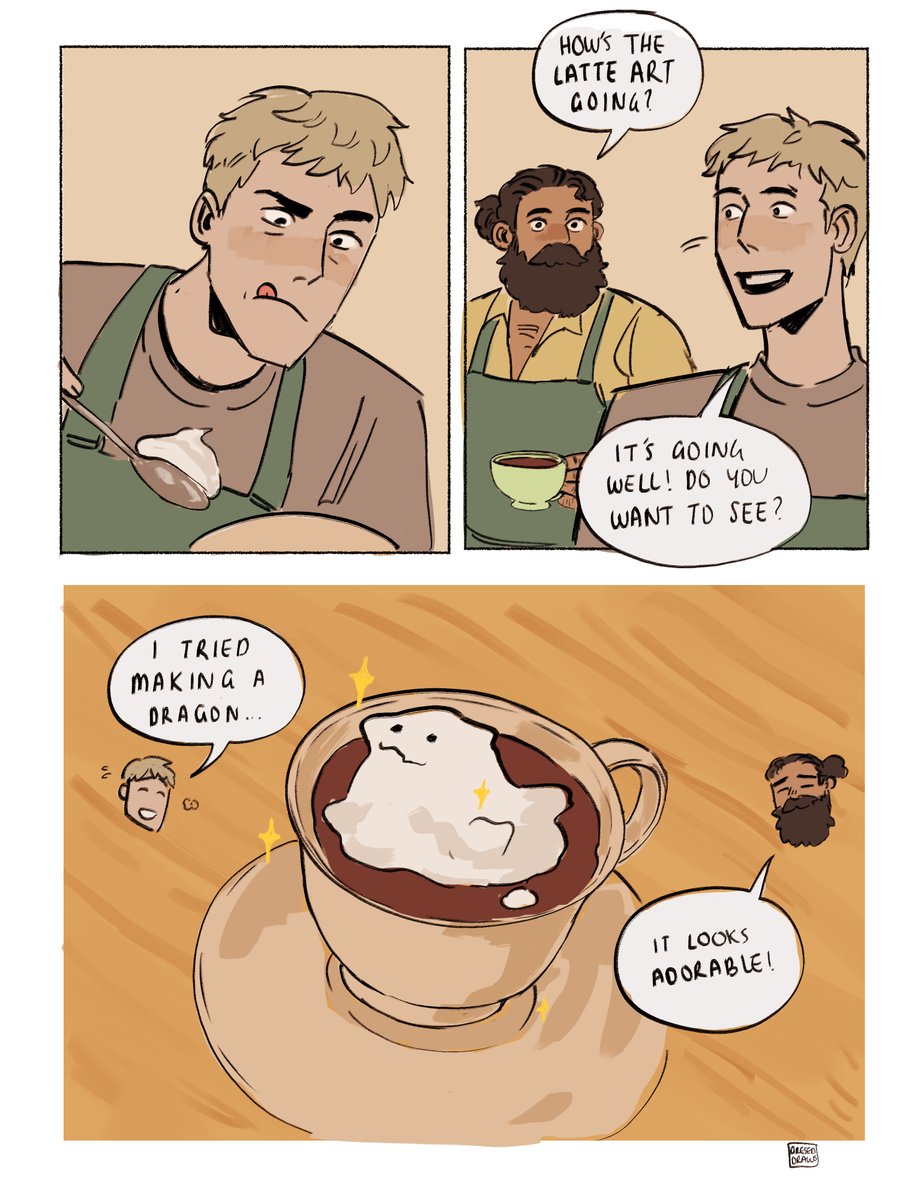 dungeon meshi cafe au comic! cute won the poll so here's laios trying to do some 3d latte art first