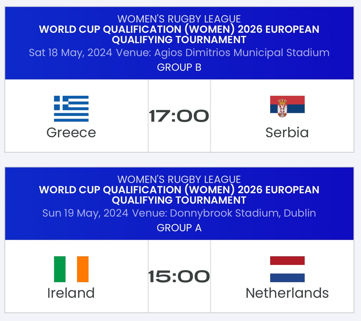 The next qualifying matches for RLWC2026 will take place this weekend. 🇬🇷v🇷🇸 🇮🇪v🇳🇱