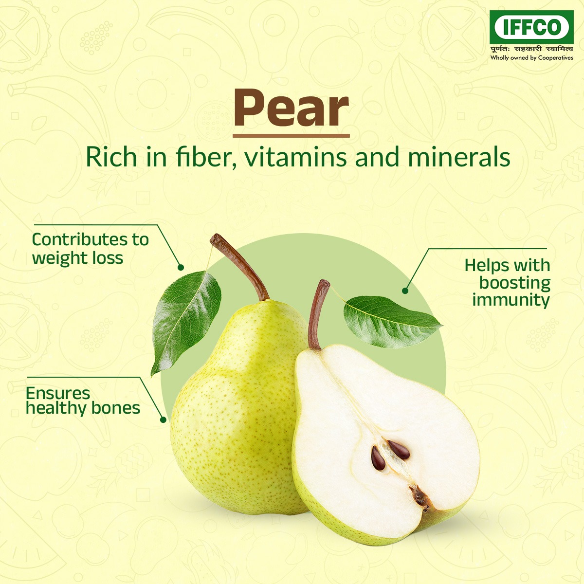 Pears are tasty and packed with rich nutrients. Their benefits are many in boosting your immunity and ensuring your overall well-being.

Make a healthy choice today and add pears to your everyday diet.

#IFFCO #HealthyFood #HealthBenefits #Pear #Immunity #HealthyLife