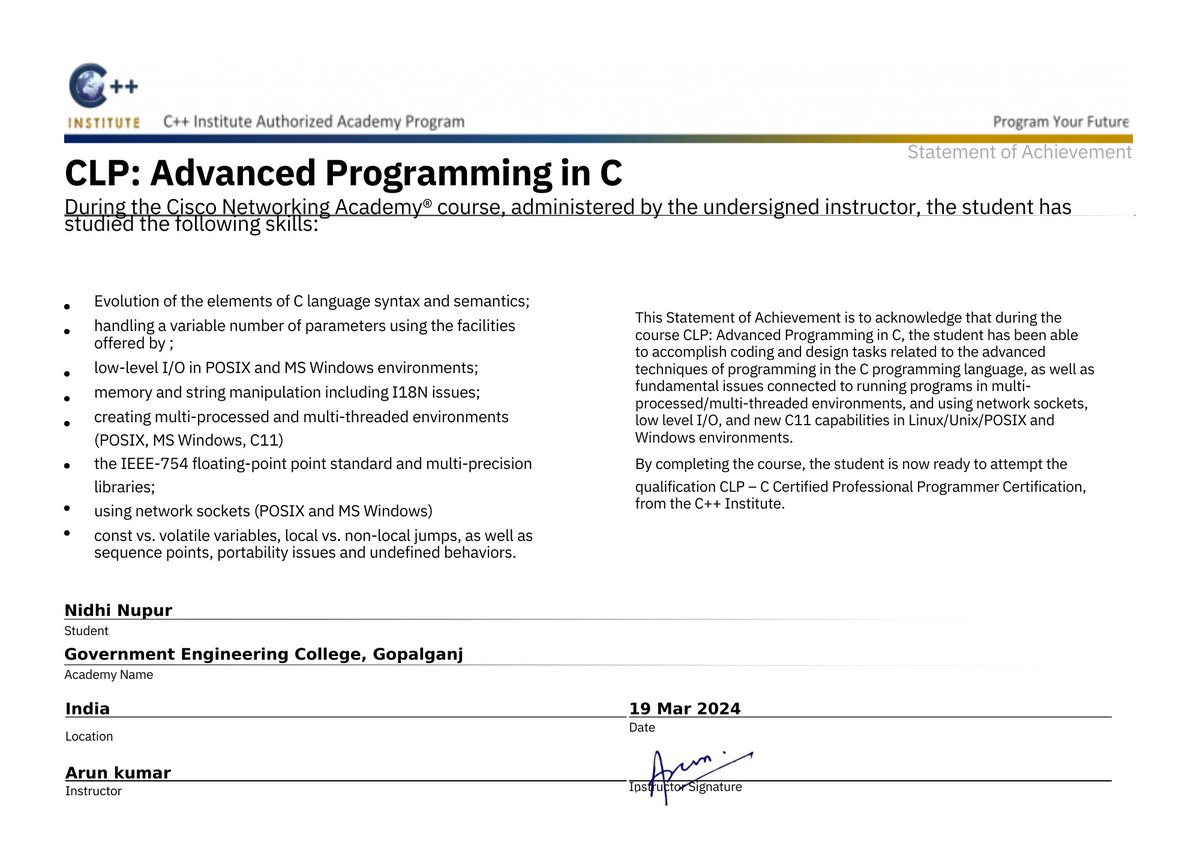 i_nidhinupur's tweet image. Hey fam!👋
Exciting news to share!🎉
I've recently achieved certification in Advanced C Language!💻🔎
Thanks to my college fostering my curiosity in C.
Huge appreciation to @CiscoNetworking for the stellar course.
Thank you!🙌
#AdvancedC #Certification
@Cisco @CiscoNetworking