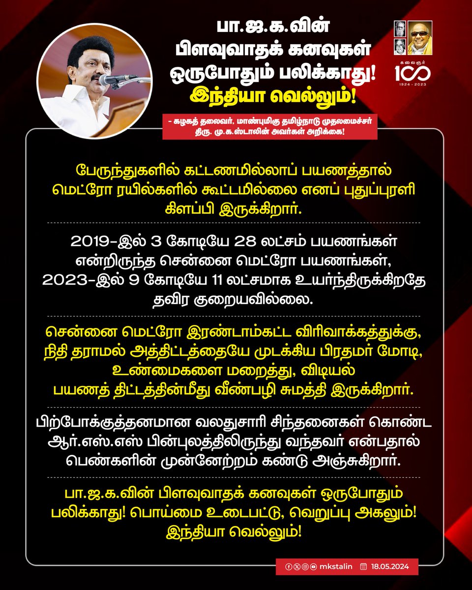 தோல்வி பயம் என்ன செய்யும்? பிரதமர் என்ற உயர்பொறுப்பில் இருந்துகொண்டே ஒரு மாநில அரசின் மக்கள்நலத் திட்டத்தின் வெற்றியைப் பொறுத்துக்கொள்ள முடியாமல் தூற்றச் செய்யும்! இந்தியர்கள் அனைவருக்கும் தான் பொதுவானவர் - பிரதமர் என்பதையே மறந்து மாநிலங்களுக்கு இடையே மோதலையும் வெறுப்பையும்