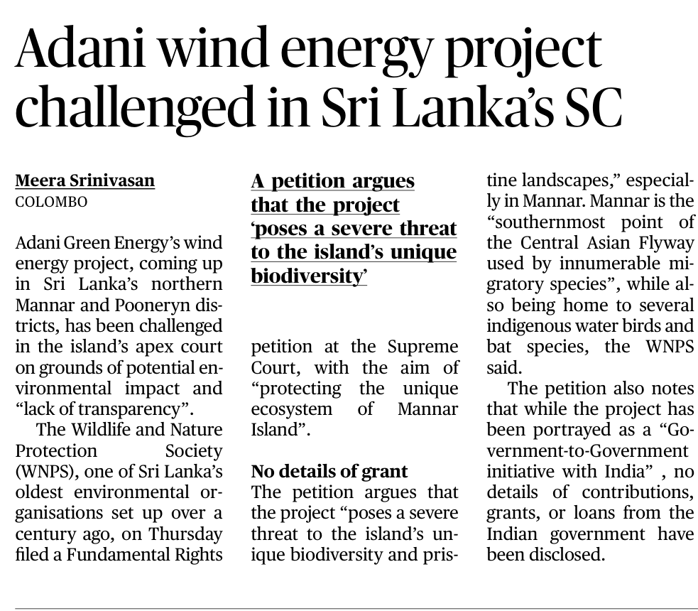 Indian mainstream media doesn't think it necessary to pursue such stories!

#Adani GreenEnergy’s wind energy project has been challenged in Srilanka's apex court on grounds of potential environmental impact & “lack of transparency”

Petition also notes that while the project++