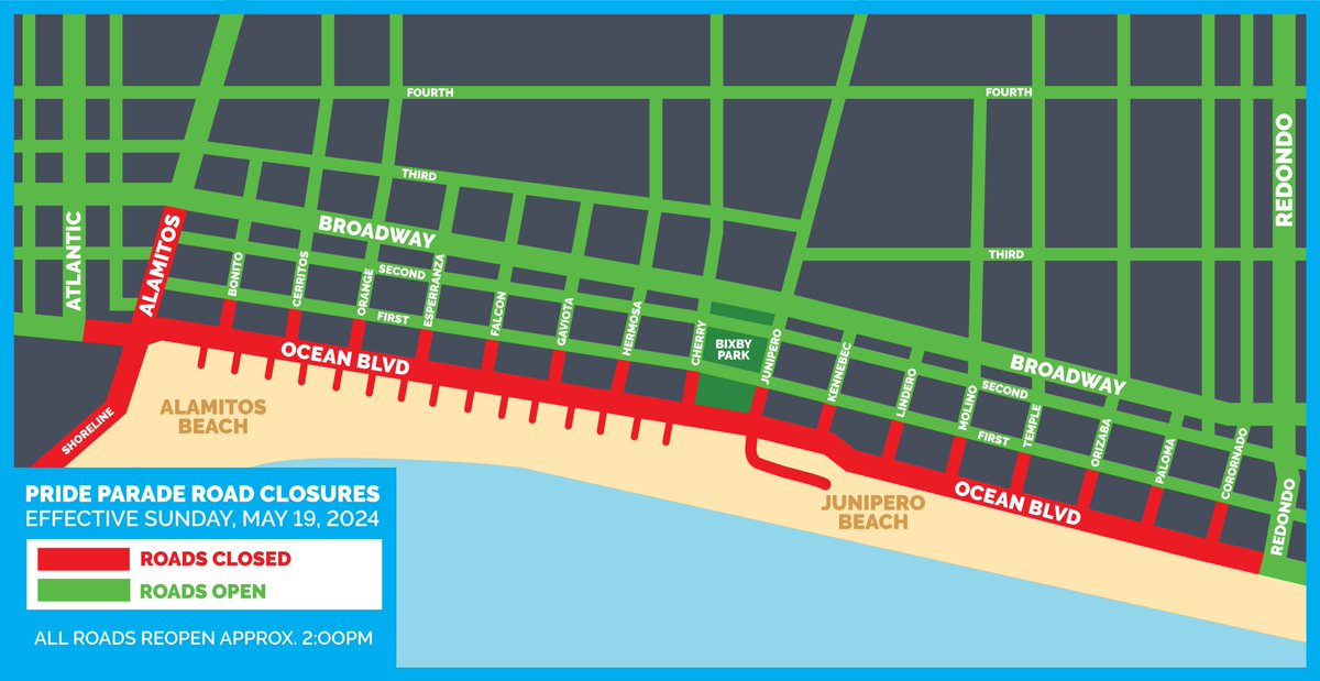 🚧 Pride Parade Road Closures 🚧
Effective Sunday, May 19, 2024
Approximately 5:00 AM - 2:00 PM

More info and all the street closure details:
longbeach.gov/press-releases…