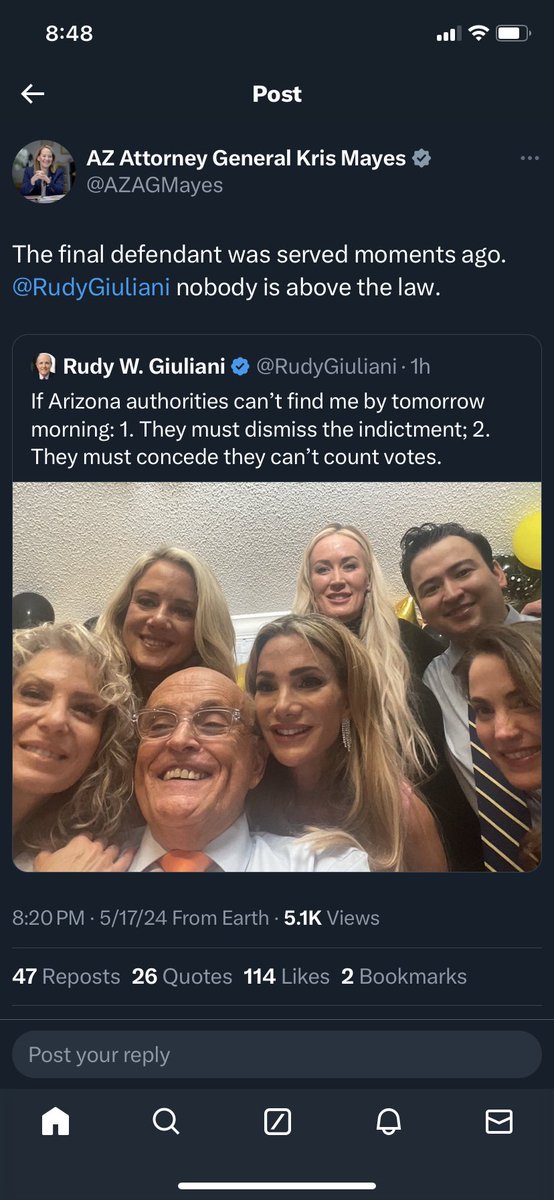 .@RudyGiuliani has been served with his indictment, according to @AZAGMayes. He was the final defendant in the Arizona fake electors case, and was tweeting earlier tonight about the AG’s Office hadn’t been able to find him.