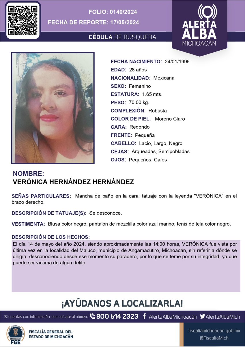 ⚠️🟣 Solicitamos su apoyo para la búsqueda y localización de VERÓNICA HERNÁNDEZ HERNÁNDEZ de 28 años de edad. #Comparte #AlertaAlba #AlertaAlbaMichoacán #AyúdanosAEncontrarla #FGEMich @BotDesaparecidx