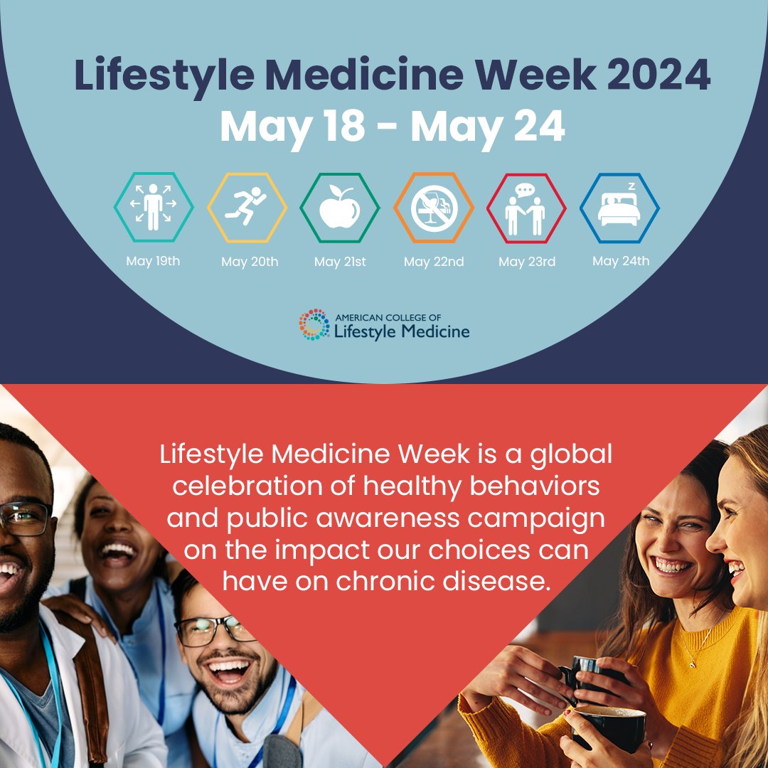 Happy Lifestyle Medicine Week! #LMWeek is an annual celebration of the 6 key pillars of lifestyle medicine & each day we will spotlight a different pillar. Tune in all week to learn more about each pillar & practical ways to incorporate them into your and your patients' lives!