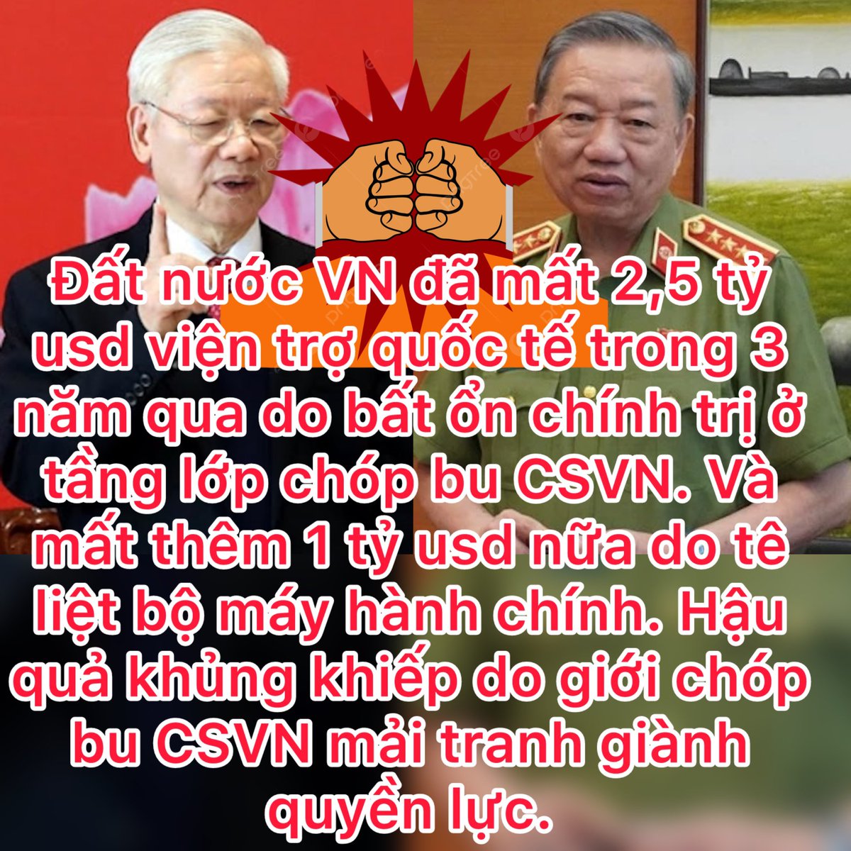 Hãng tin Reuter cho biết: Đất nước VN đã mất 2,5 tỷ usd viện trợ quốc tế trong 3 năm qua do bất ổn chính trị ở tầng lớp chóp bu CSVN. Và mất thêm 1 tỷ usd nữa do tê liệt bộ máy hành chính. Hậu quả khủng khiếp do giới chóp bu CSVN mải tranh giành quyền