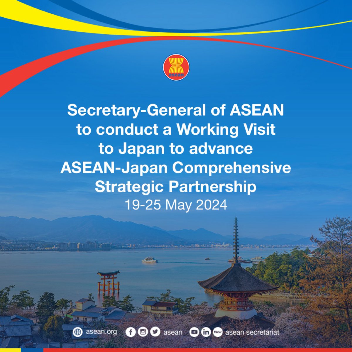 At the invitation of Professor Tetsuya Watanabe, President of the Economic Research Institute for ASEAN and East Asia (ERIA), the Secretary-General of ASEAN, Dr Kao Kim Hourn,will lead the ASEAN Secretariat delegation for a Working Visit to Japan, on 19-25 May 2024. During the