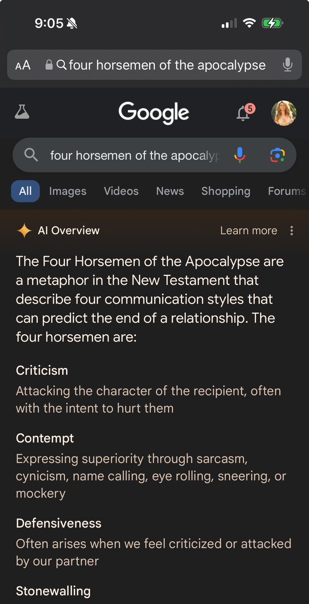 Here’s Google using AI to suppress factual information and override what I’m looking for, that rewrites biblical realities.  This is not at all what the four horsemen of the apocalypse should render at the top of Google search results. Generative AI is just artistic distortion