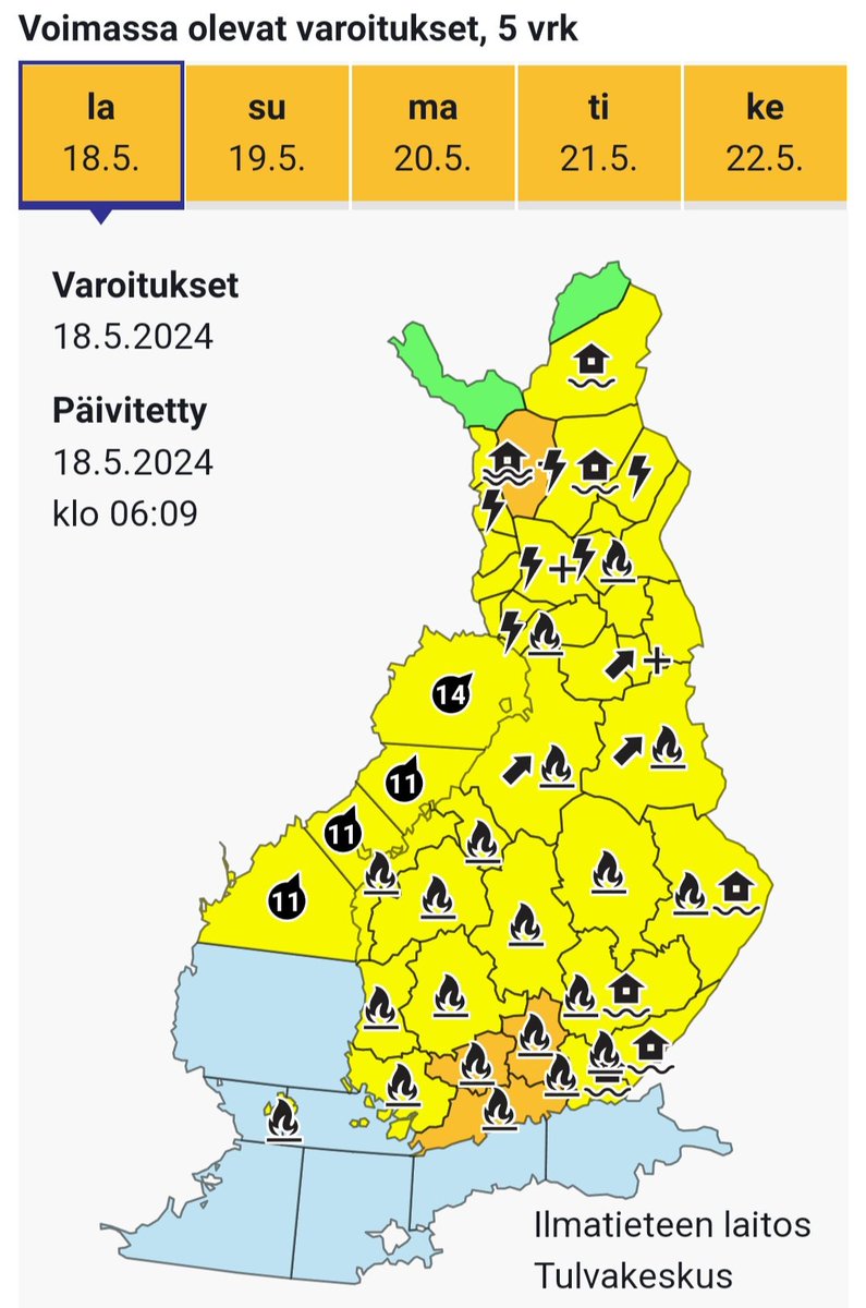 ☝️👨‍🚒 Maastopalovaroitus ja avotulentekokielto on annettu jo lähes koko maahan, ja osassa Etelä-Suomea sen vaara on noussut erittäin suureksi. Lisätietoa metsäpalovaroituksesta saat @meteorologit sivuilta. 👇 ilmatieteenlaitos.fi/maastopalovaro… #maastopalovaroitus #avotulentekokielto