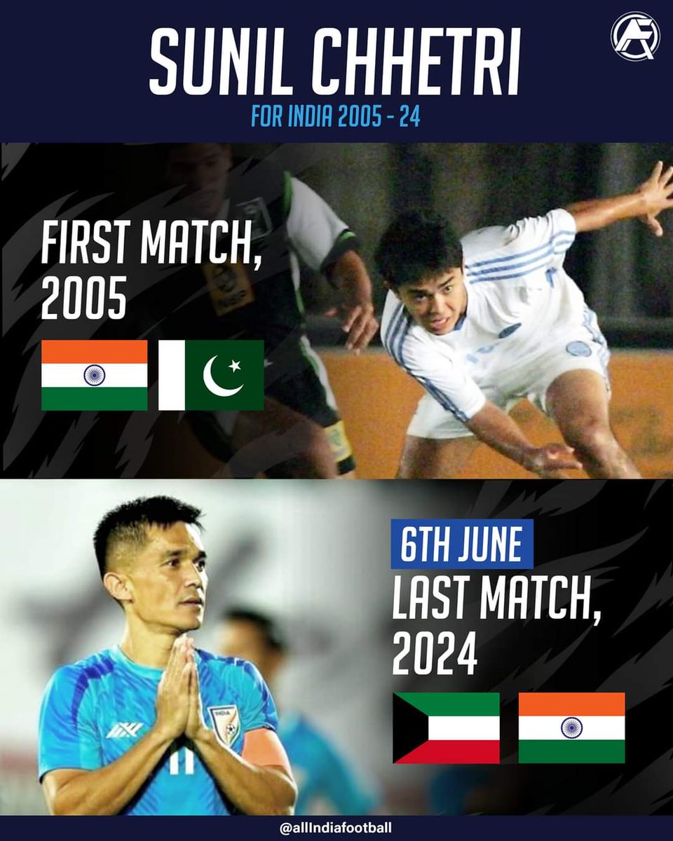 First Match - Vs Pakistan, 2005 🇮🇳🇵🇰 Last Match - Vs Kuwait, 2024 🇮🇳🇰🇼 19 years of dedicated service to the Indian Football Team! 🥺🇮🇳 This will be the toughest farewell of all! 🙌 #IndianFootball #SunilChhetri #BackTheBlue #CaptainLeaderLegend #BlueTigers #SC11
