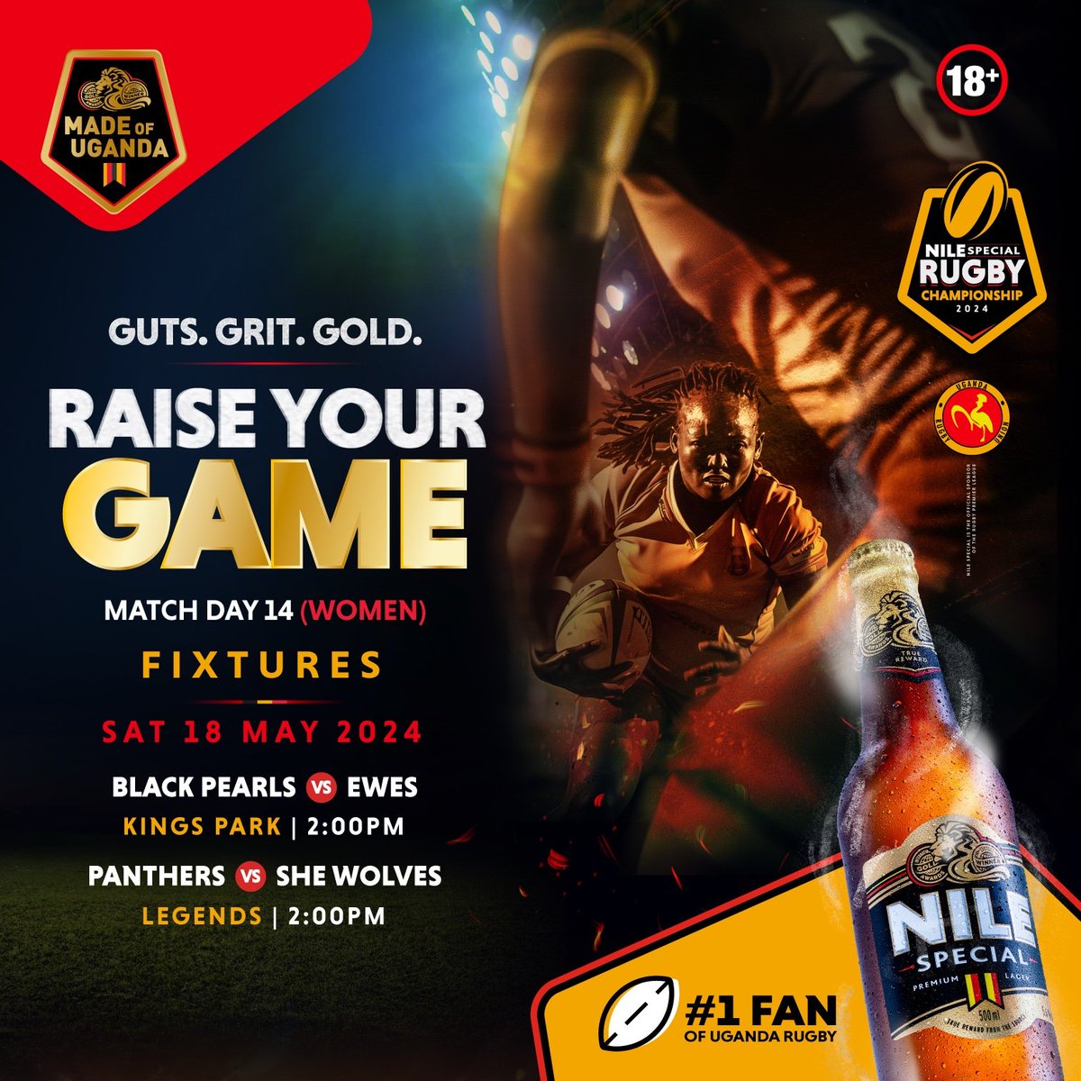 The Ladies too will take to the turf in two thrilling games at @LegendsKla and @Kingsparkarena. Come thru and support Women's rugby. Bring a friend or 5. 😁

#NileSpecialRugby
#RaiseYourGame
#GutsGritGold