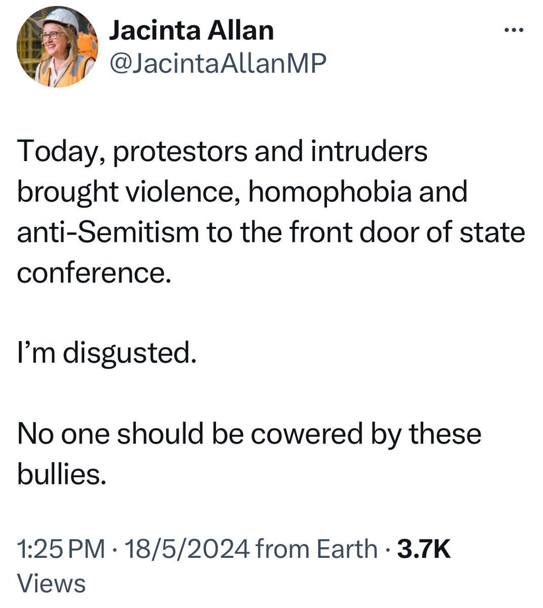 Jacinta Allan responds to pro-Palestine protesters at the Victorian Labor state conference “Protestors and intruders brought violence, homophobia and anti-Semitism to the front door of state conference. I’m disgusted. No one should be cowered by these bullies.”