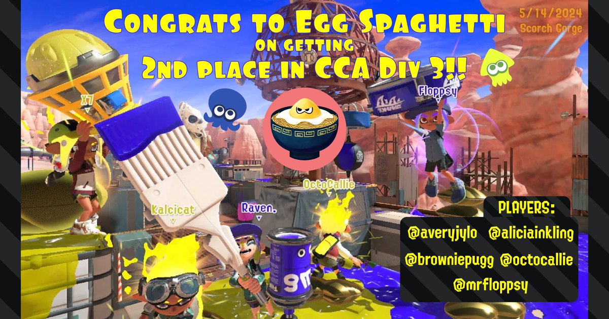 SplatAtBerkeley's tweet image. Egg Spaghetti played their finals match in the CCA Playoffs on 5/14! They were close to winning but lost by one match. However, they still played well through the season, securing 2nd place overall in div 3! congrats to Egg Spaghetti—let’s give them a round of applause! gob ears