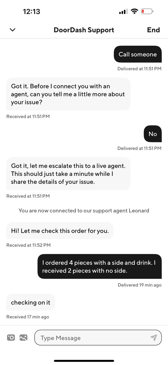 hammo1290's tweet photo. @DoorDash brilliant customer service as usual. Unable to rectify the issue so they hang up. Reading from a script and unable to deviate from it. Half an order received but the agent says that they are unable to fix the issue https://t.co/x3o6s3QJT3