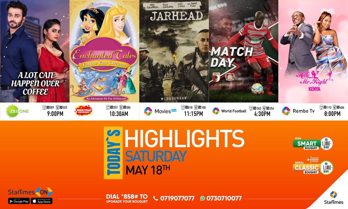 What can happen over coffee? How about following your dreams? Leo ndani ya StarTimes we have it all! Don't forget to catch match day 34 of #Bundesliga on our various sports channels, #Jarhead movie coming your way on #STMoviesPlus and so much drama on #HelloMrRightKe. What will