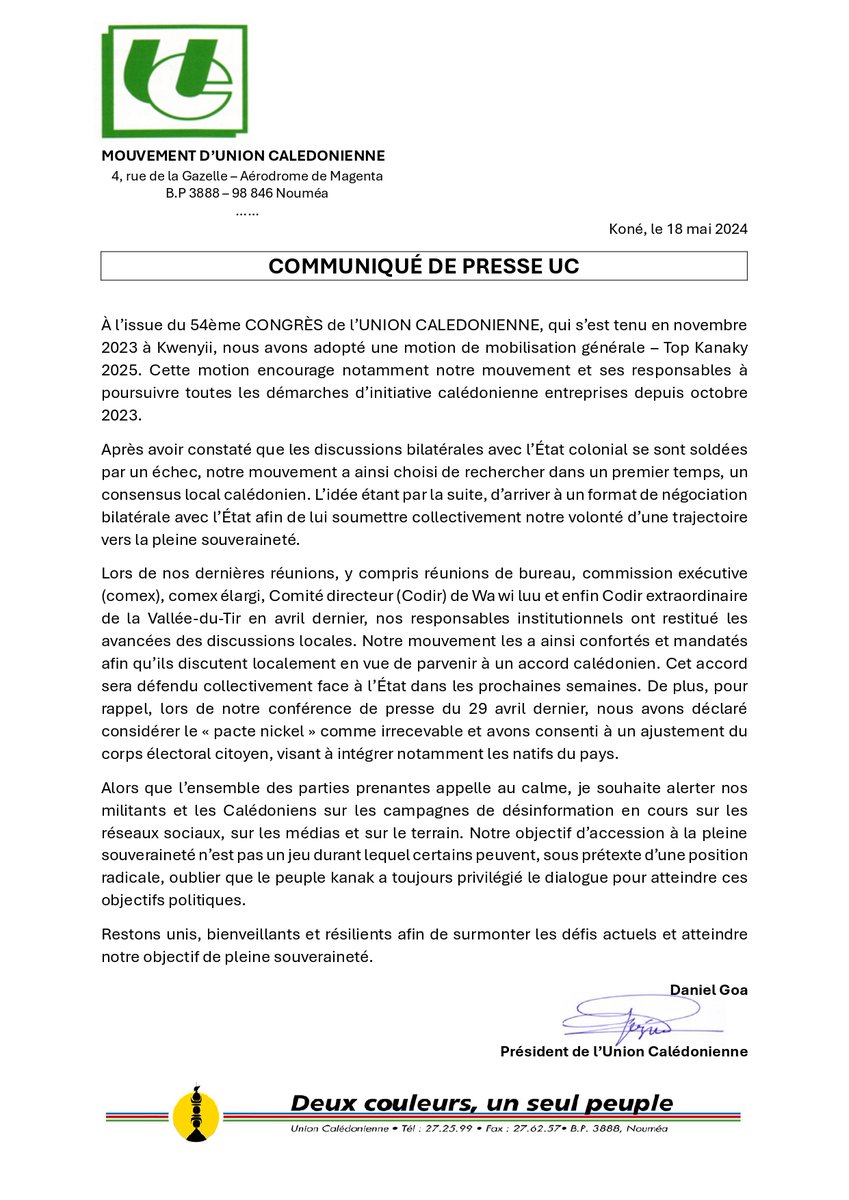 Le président de l'Union Calédonienne communique