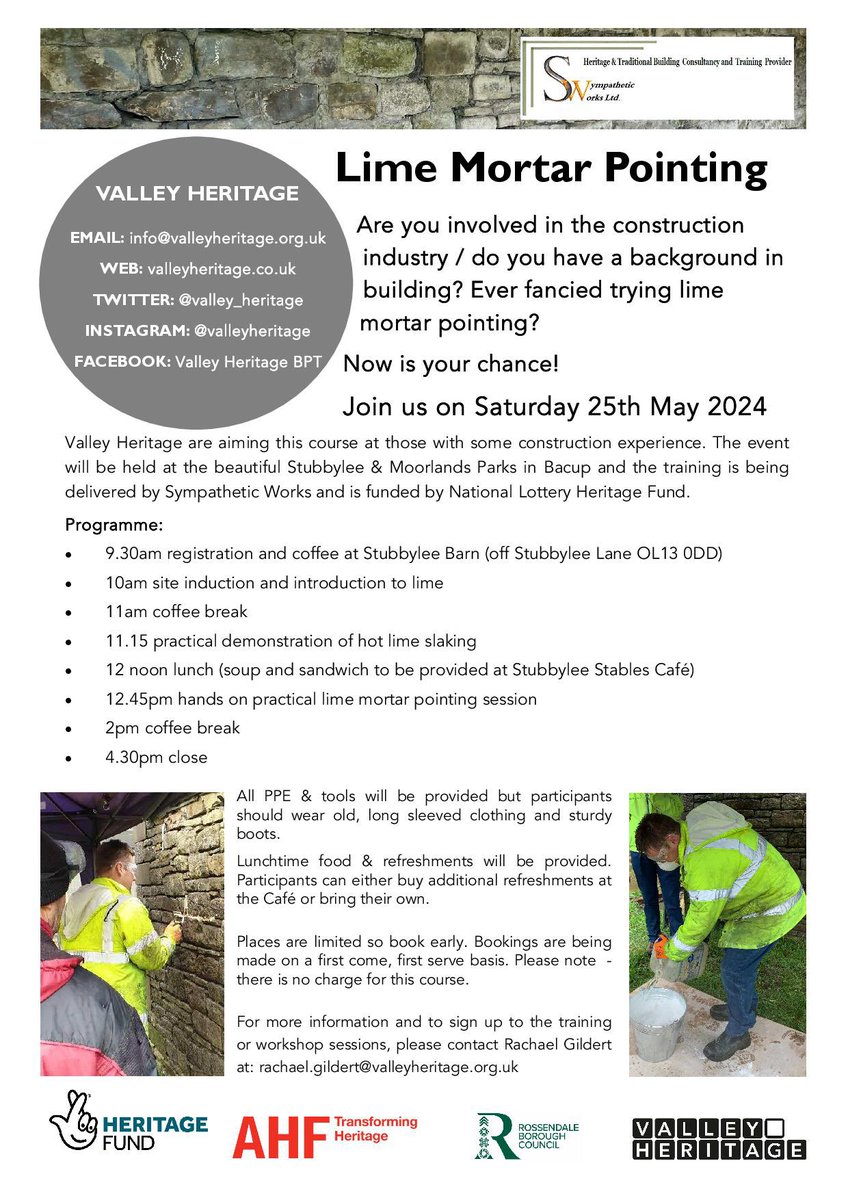 Join us next Saturday for a full day, hands on lime mortar pointing course at Stubbylee Park Booking details are on the poster #limemortar #heritageskills #stubbylee #bacup #rossendale