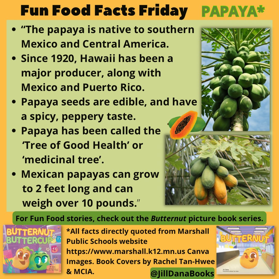 Fun Food Facts Friday - Food Facts for Kids

PAPAYA*
For more visit @jilldanabooks on IG

#WhereFoodComesFrom #FarmFresh #ButternutBuddies #ButternutBook #FunFacts #forkids #FoodFacts #FactsForKids #FunFoodFactsFriday #Papaya #PapayaFacts #educators #teachers #librarians