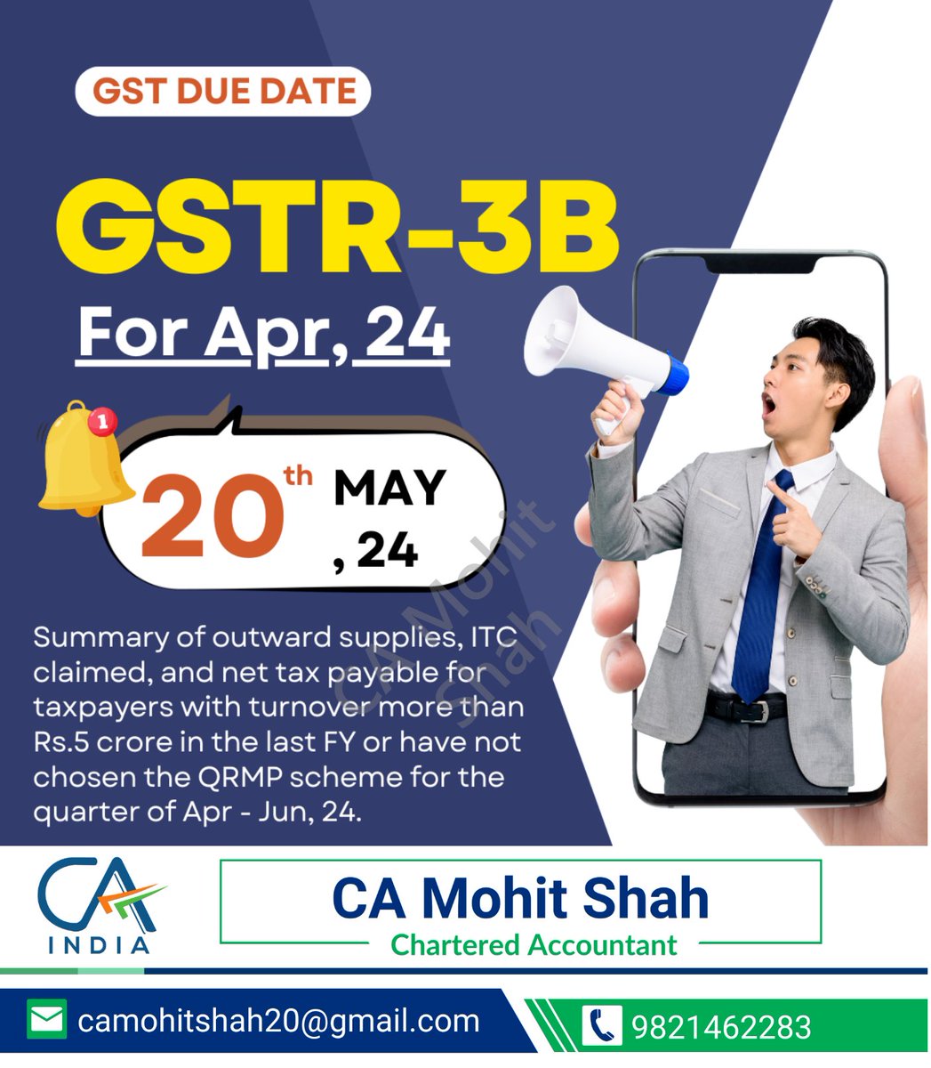 Taxpayers not under QRMP scheme, 20th May,2024 is the last date to file GSTR-3B for April 2024. File now to avoid Late Fees.

#GSTR3B #GSTIndia #TaxFiling #GSTReturn #GSTCompliance #IndianEconomy #FinancialCompliance #TaxUpdates #BusinessTax #CorporateFinance