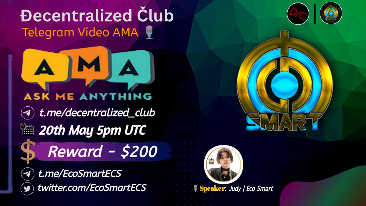 ฤecentralized ฤlub ยฉ (@dens_club) on Twitter photo DC Presenting a #TelegramVideo_AMA๐
๐ Venue : t.me/decentralized_โฆ
โฐ When : 20th May 5pm UTC
๐ค Reward : $200
10 winners will get $20 Reward each.
Twitter (5) & Live asking (5)
1โฃ Followย <a href="/EcoSmartECS/">EcoSmart | ECS</a>
2โฃ Like & RT & Tag 3 Friends
3โฃ Post your questions.
๐ธ Must Join DC Presenting a #TelegramVideo_AMA๐
๐ Venue : t.me/decentralized_โฆ
โฐ When : 20th May 5pm UTC
๐ค Reward : $200
10 winners will get $20 Reward each.
Twitter (5) & Live asking (5)
1โฃ Followย <a href="/EcoSmartECS/">EcoSmart | ECS</a>
2โฃ Like & RT & Tag 3 Friends
3โฃ Post your questions.
๐ธ Must Join