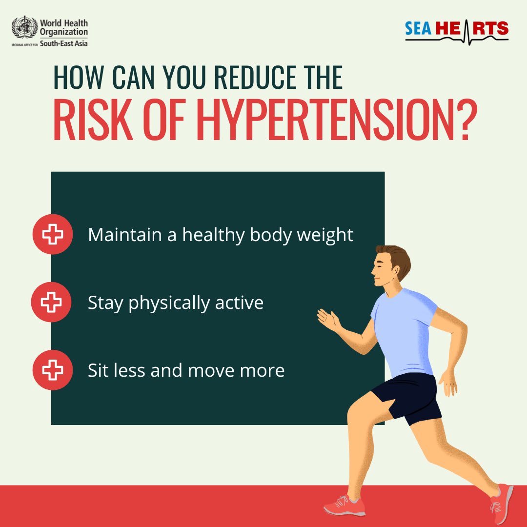 These are some measures to reduce 📉 your risk of #hypertension. #beatNCDs   👉🏾 Maintain a healthy body weight 👉🏾 Stay physically active 👉🏾 Sit less and move more