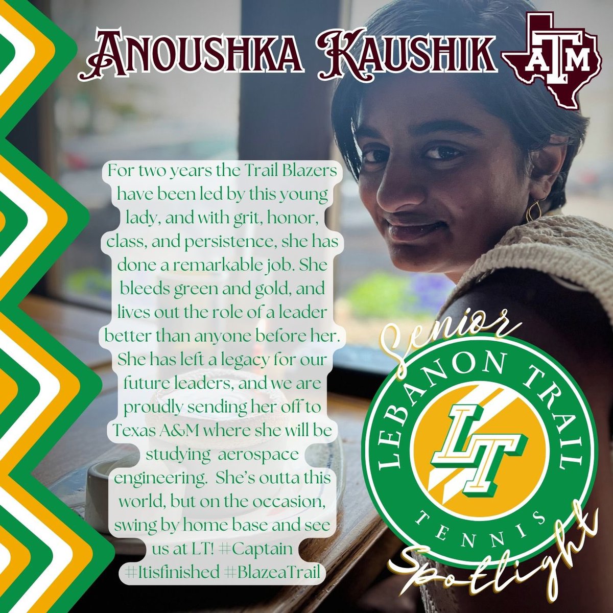 We wrap up graduation with our final Senior Spotlight! Our captain, Ms. Green and Gold, Anoushka Kaushik! #BlazerPride #Classof2024 #CuLTure #MightyandBold #GreenandGold @LebanonTrailHS