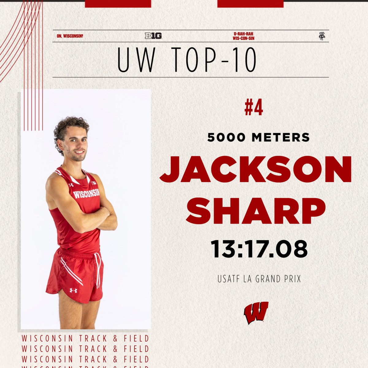 The record books have been rewritten tonight! #Badgers Bob Liking clocks the school's fastest-ever time in the 5000 meters of 13:09.31 while Jackson Sharp checks in at No. 4 on the program's all-time list with a time of 13:17.08