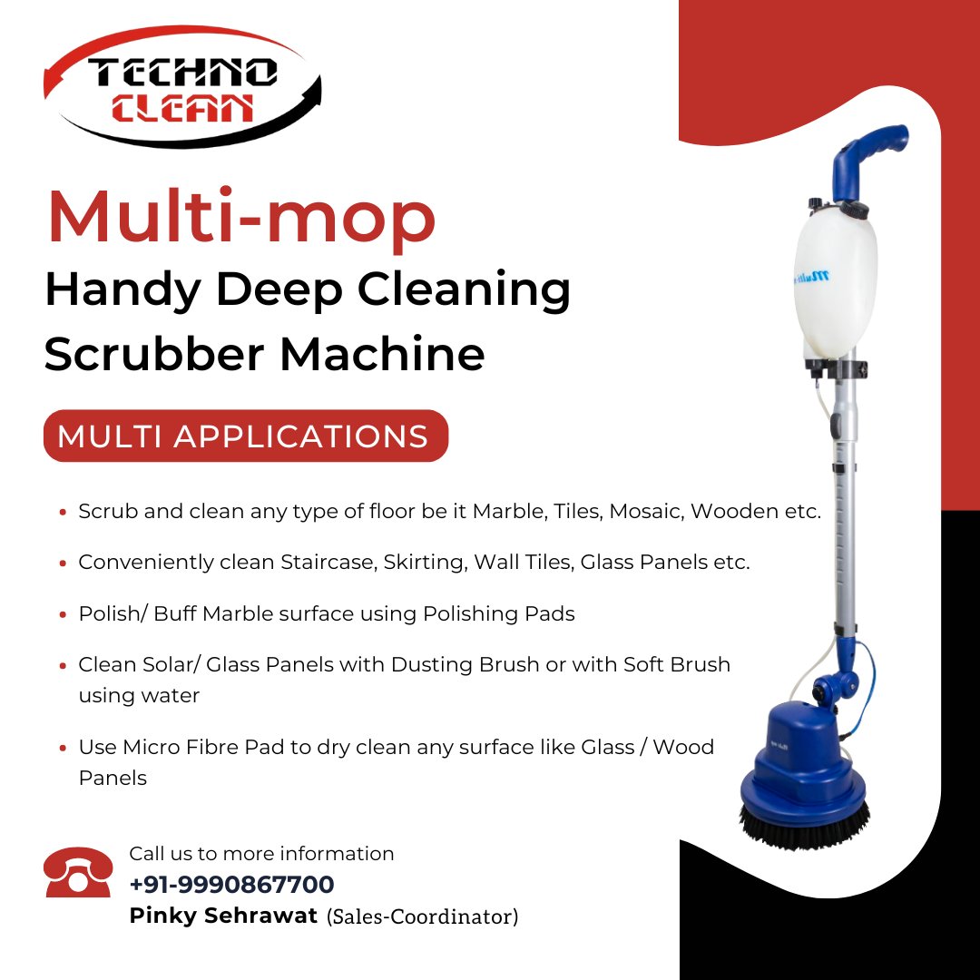 technocleaneq's tweet image. Scrubber Machine
MULTI APPLICATIONS
• Scrub and clean any type of floor be it Marble, Tiles, Mosaic, Wooden etc.
+91-9990867700
Pinky Sehrawat (Sales-Coordinator)

#multimop #scrubbermachine #cleaningmachine #machine #marble #tiles #polish
