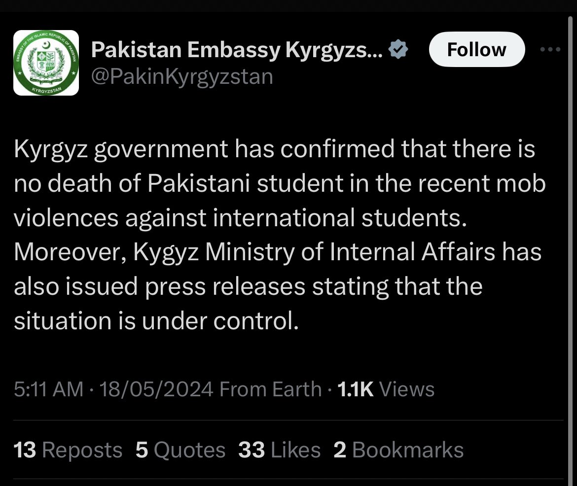 I am speechless! After an agonising night, watching the horror unfold right in front of our eyes…. After a frightening and extremely worrying night for students and their parents…@PakinKyrgyzstan just came up with a press release issued by Kyrgyz govt stating “no Pakistanis