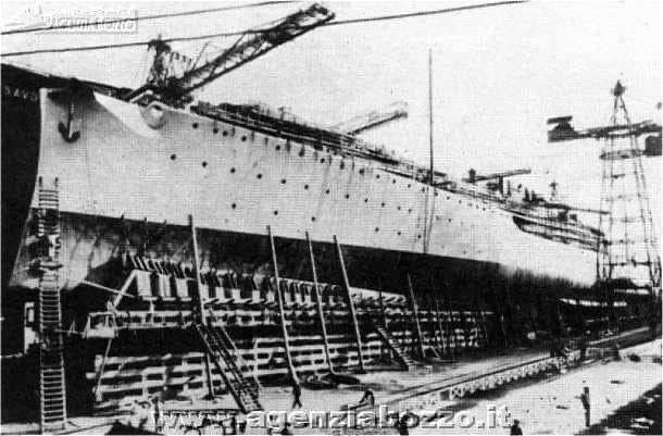 Luigi Cadorna 1931 light cruiser in construction site in Trieste