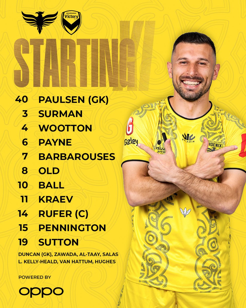The Chief 🫡 names his side for tonight's semi-final clash - Powered by @OPPONewZealand 📱 ▪️ Unchanged XI from last weekend's 0⃣-0⃣ draw Kickoff is at 6:30pm (NZT) #WELvMVC | #COYN! 🐦‍🔥 💛🖤 | wellingtonphoenix.com