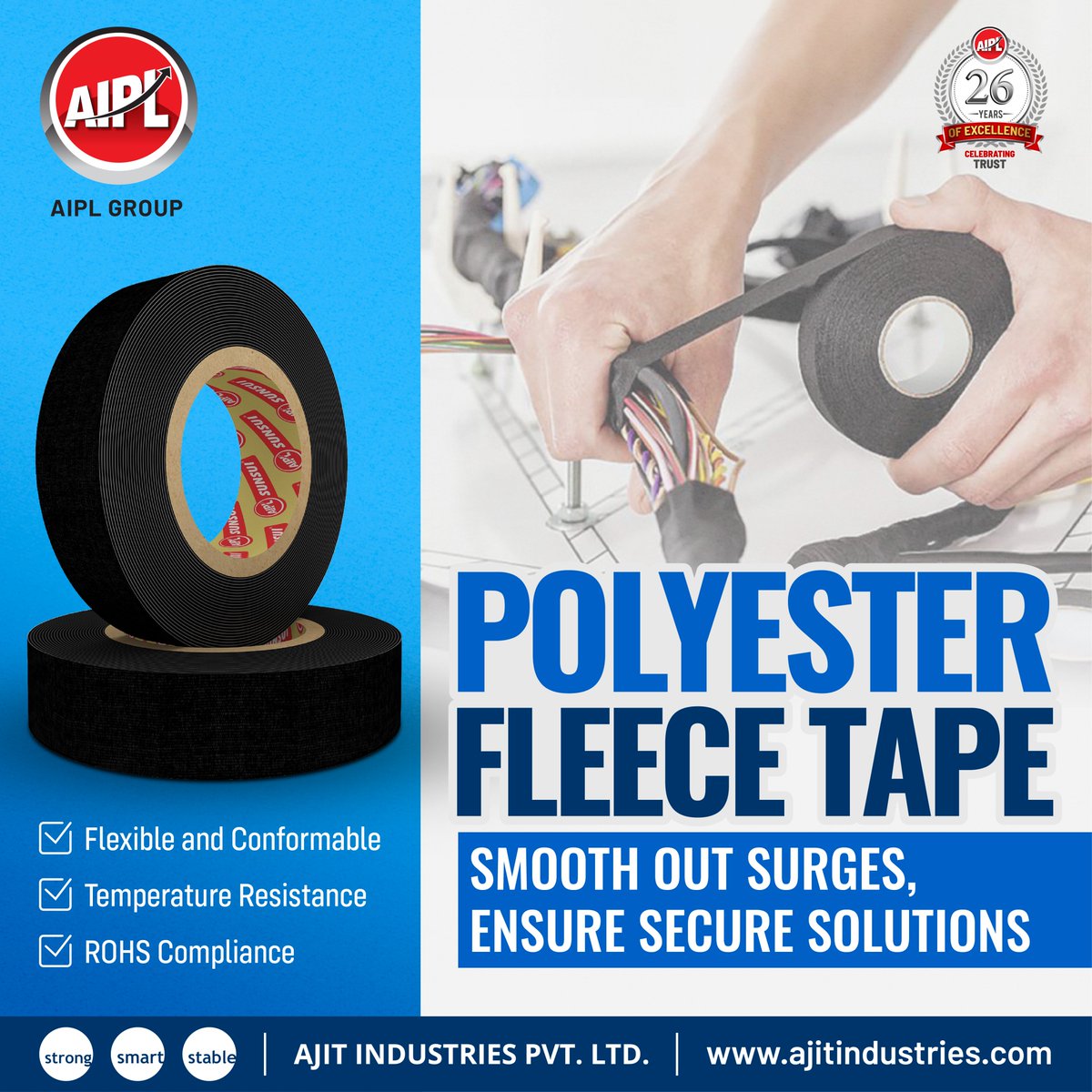 Designed for superior insulation and protection, our tape ensures your appliances run efficiently and last longer.

#AIPLGroup #AIPL #Ajitindustries #Wires #Adhesive #Adhesivetape #WhiteGoodsInnovation #DurableDesign #PolyesterFleece #EfficiencyInEveryThread