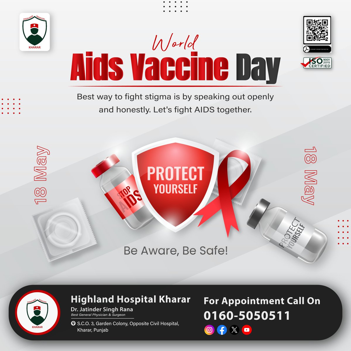 🌍 On this #WorldAIDSVaccineDay, let's unite in the fight against #HIV. At #HighlandHospitalKharar, we're committed to a future free from #AIDS. Together, we can make it possible!
.
#India #HIV #HIVAIDS #HSV #Aidsawareness #Kharar #Mohali #DrJatinderSingh #Besthospital