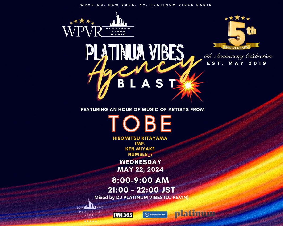 Greetings! WPVR NY Platinum Vibes Radio presents a 💥PLATINUM VIBES AGENCY BLAST 💥 featuring an hour straight of music of artists from TOBE : HIROMITSU KITAYAMA IMP. KEN MIYAKE NUMBER_i Wednesday, 8:00-9:00 (21:00-22:00 JST 🇯🇵) 📻Tune in free at onlineradiobox.com/us/platinumvib…