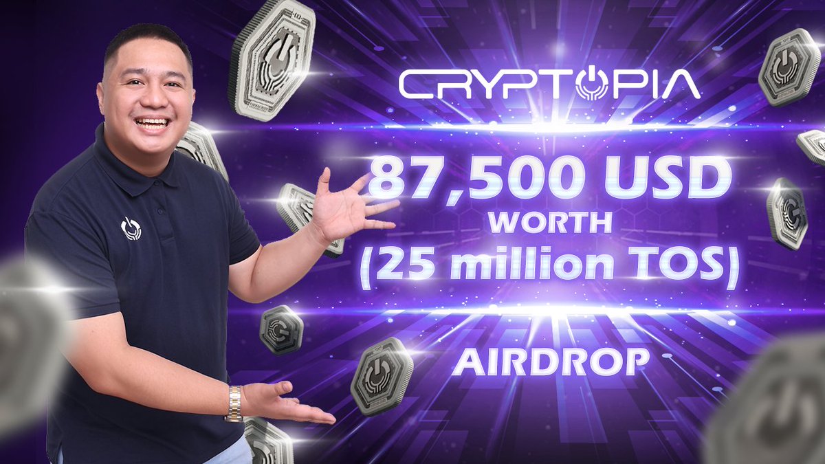 Cryptopia's massive Airdrop Campaign is LIVE! We're giving away 25,000,000 $TOS worth 87,500 USD. 💰 It's super easy to sign up and start collecting power in our campaign. Sign up here: cryptopia.com/airdrop Gather your team, complete missions, and climb up the ranks on our