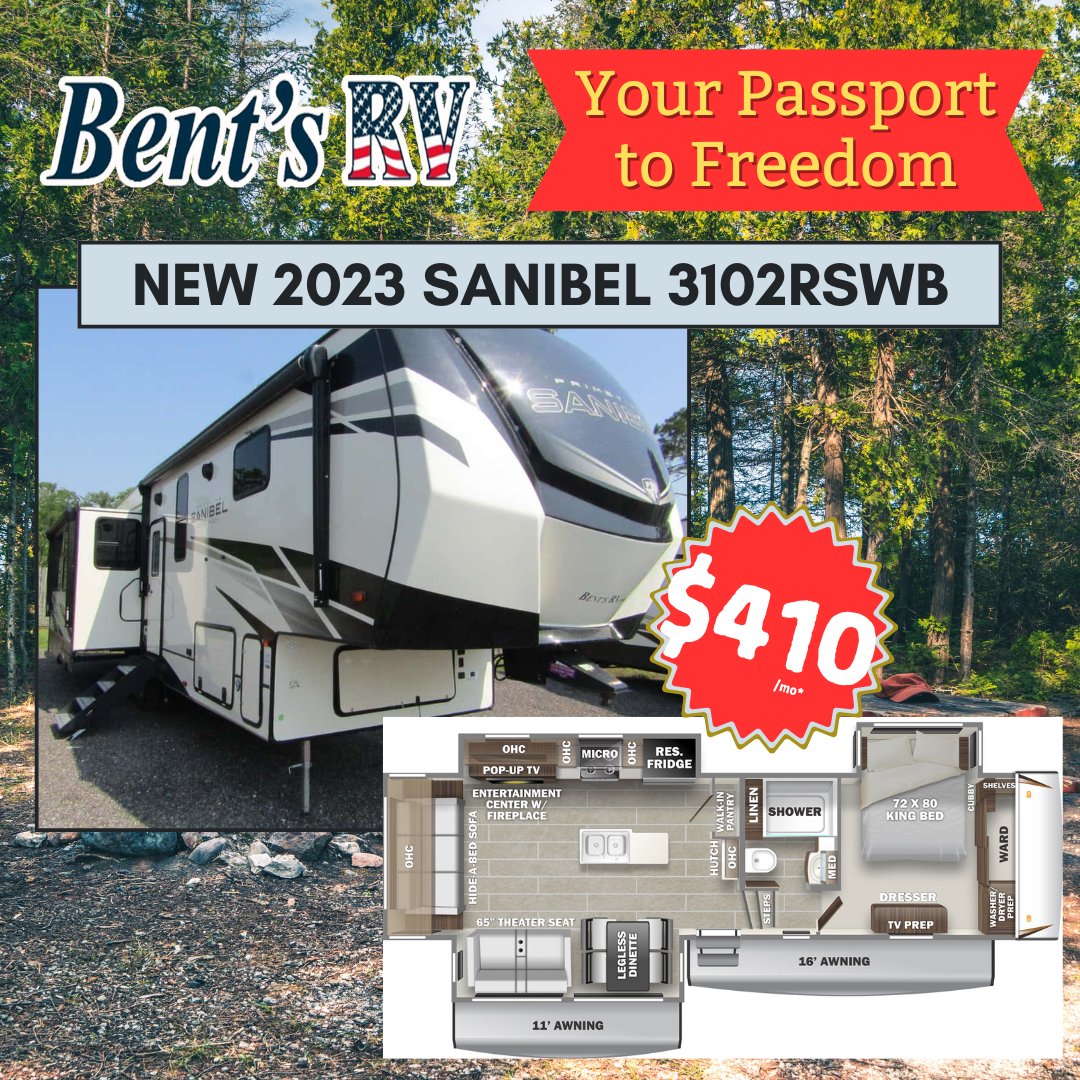 The incredible 2023 SANIBEL 3102RSWB is on SALE at Bent's RV during our Biggest Sale Ever! 🎉🚐 This luxurious camper is ready for your next adventure with all the comforts of home. 🏡✨➡️ bit.ly/3JXXtTx