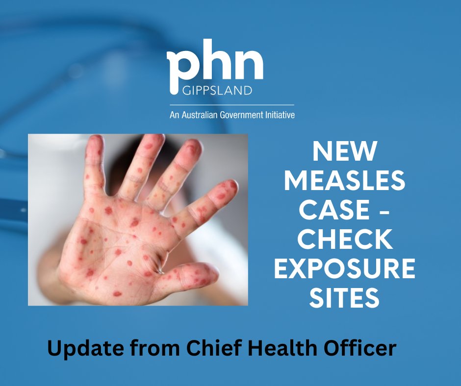 Health alert update. A new case of measles has been reported in Victoria in a returned overseas traveller. This is in addition to a case reported on 11 May 2024.
Read the alert here gphn.org.au/latest-news/he…
#Gippsland #measles #infectious #exposuresites