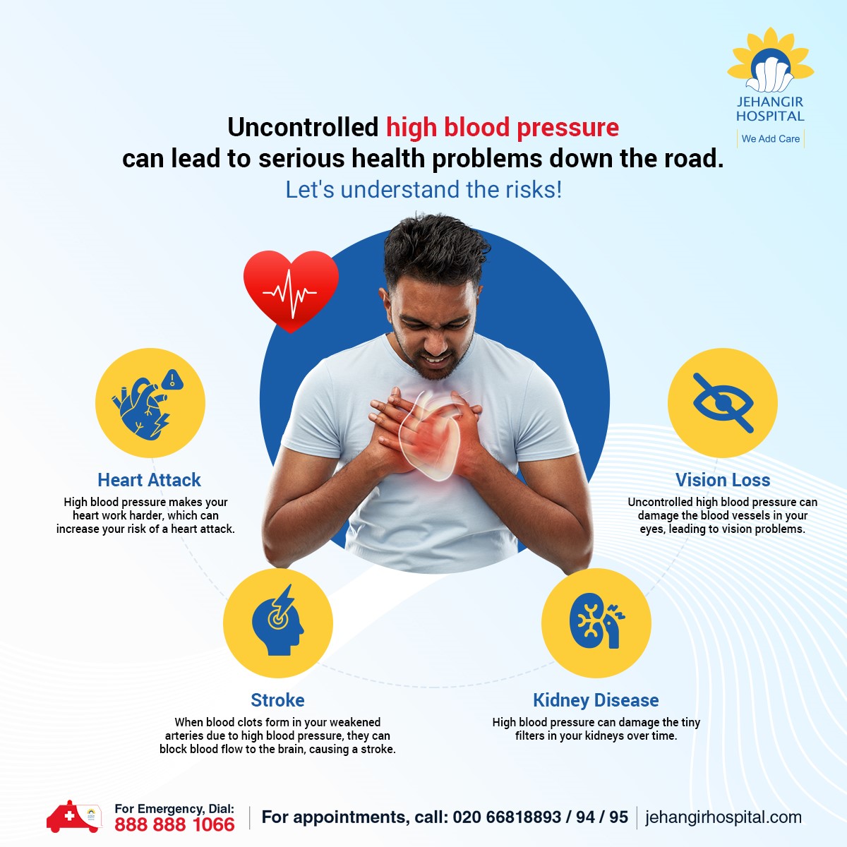 Left untreated, high blood pressure can significantly increase your risk of developing serious health complications.  These include heart attack, stroke, kidney disease, and even vision loss.  Early detection and management are key to preventing these complications. 
#PatientCare