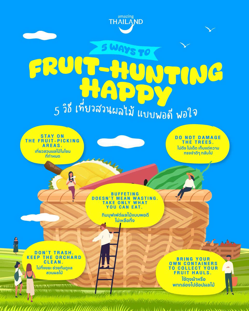 🌳 For those of you gearing up for your fruit-hunting adventure in the orchards, here are 5 easy tips to ensure a joyful and sustainable experience! Show care for the trees, avoid wastage of fruits, and be mindful of the environment.

Discover more of Thailand's treasures at