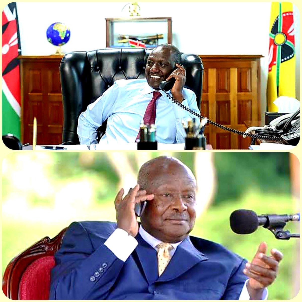 🦅Yesterday President Museveni received a telephone call from his counterpart, president Ruto of KENYA! The conversation was purely  Panafrican!

●Pres. RUTO: 'Allô Mr. president, uko salama?'

●Pres. MUSEVENI: 'Allô, I was talking to bazukuru here in Mbarara. How can I help