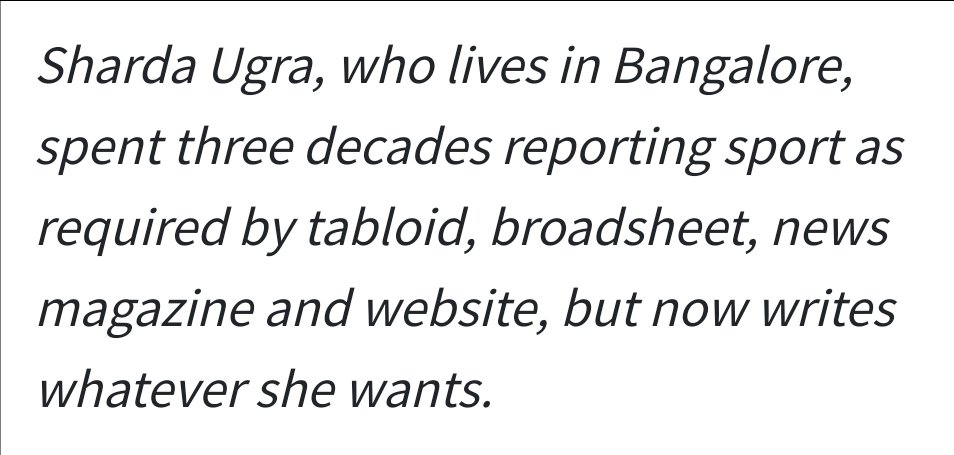 Sharda Ugra in Wisden on the embarrassment that was the 2023 World Cup, 'a propaganda tool for the government'. She ends with the perfect author bio wisden.com/stories/wisden…