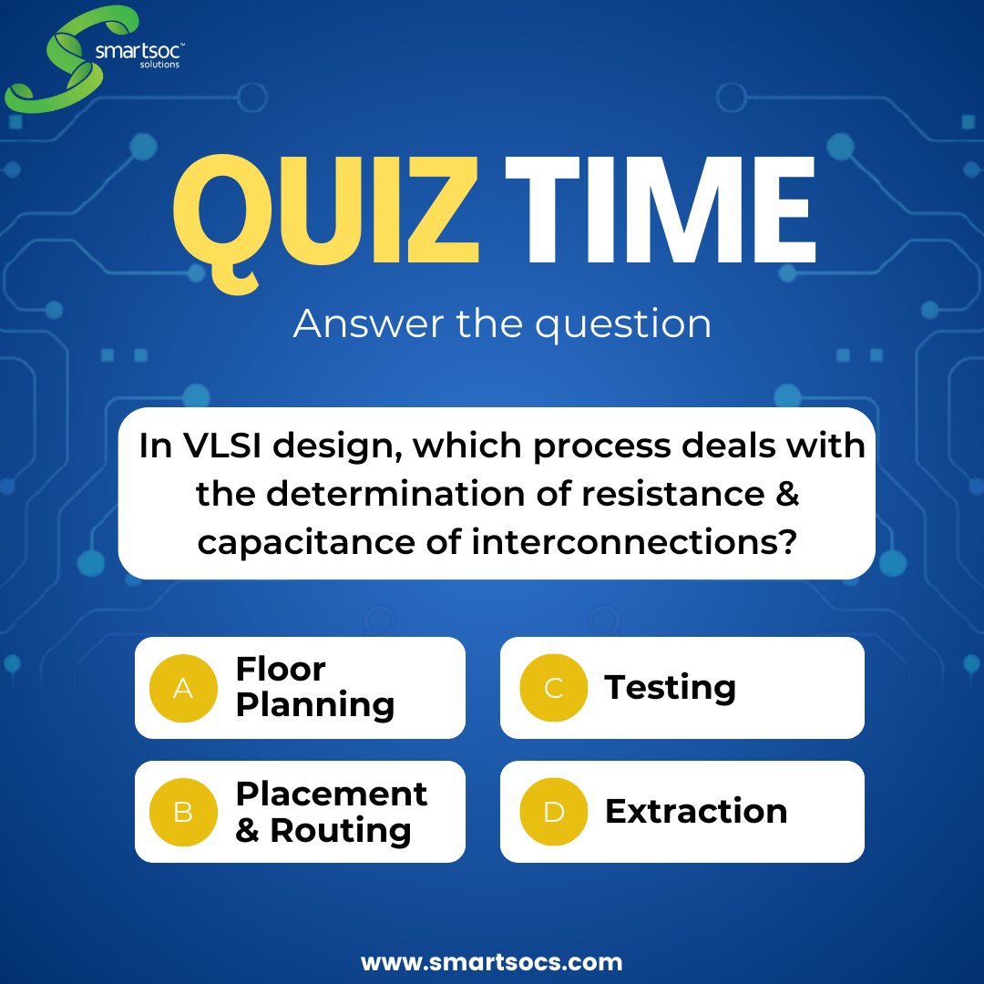 🧠 Quiz Time! 🤔 Let's dive into the world of VLSI design! Can you guess which process deals with the determination of resistance & capacitance of interconnections? 🤓

a. Floorplanning
b. Placement & Routing
c. Testing
d. Extraction

comments below! 📝#SmartSoC  #VLSI #QuizTime
