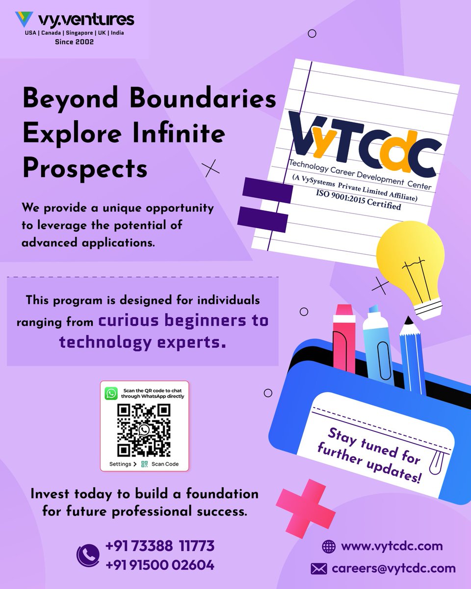 Explore Infinite Prospects with our unique program for all skill levels. Invest today for future success! Stay tuned for updates!

Call: 7338811773 or 9150002604 Visit: vytcdc.com/tcdc-contact-u…: careers@vytcdc.com

#vytcdc #TechJourney #InvestInYourFuture #InnovationUnleashed